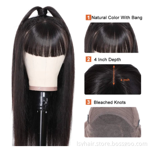 Lsy Long Silky Straight 360 Frontal Full Lace Wigs With Front Chic Bangs Fringe 150% Density 100% Indian Human Hair Wigs